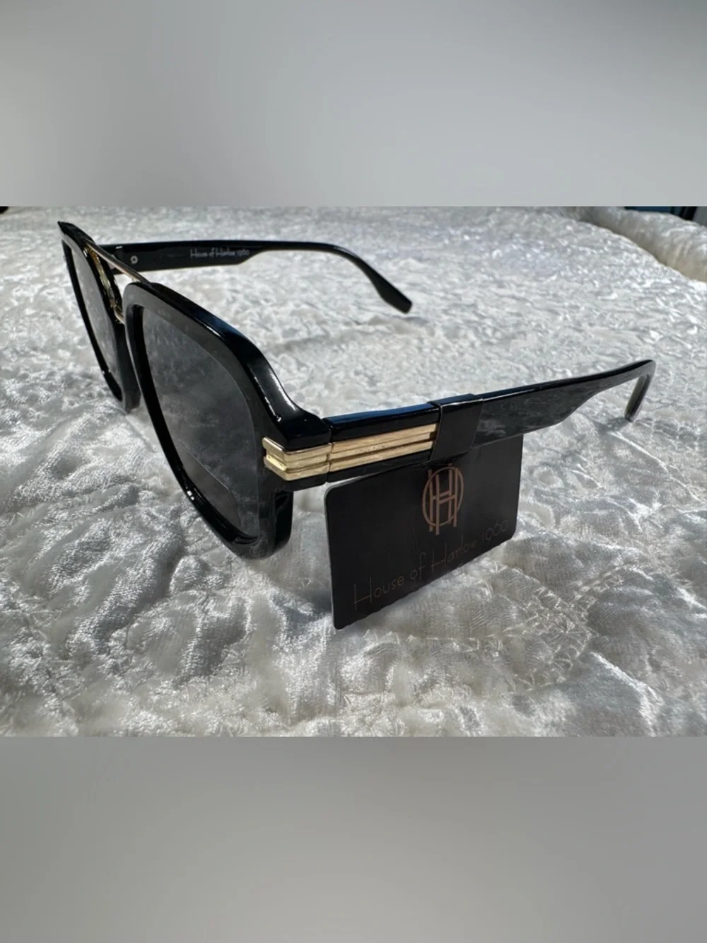 NWT Original HOUSE OF HARLOW Double Bridge Aviator Sunglasses Black Acetate